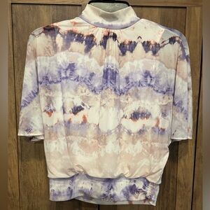 Jennifer Lopez Sheer Lined Whimsical Tie Dye Cropped Mock Turtleneck Keyhole Top